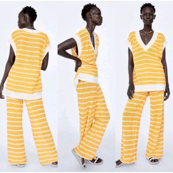 ZARA Womens yellow Striped High Waist Rustic Knit Wide Leg Trousers Size Large - Picture 6 of 7